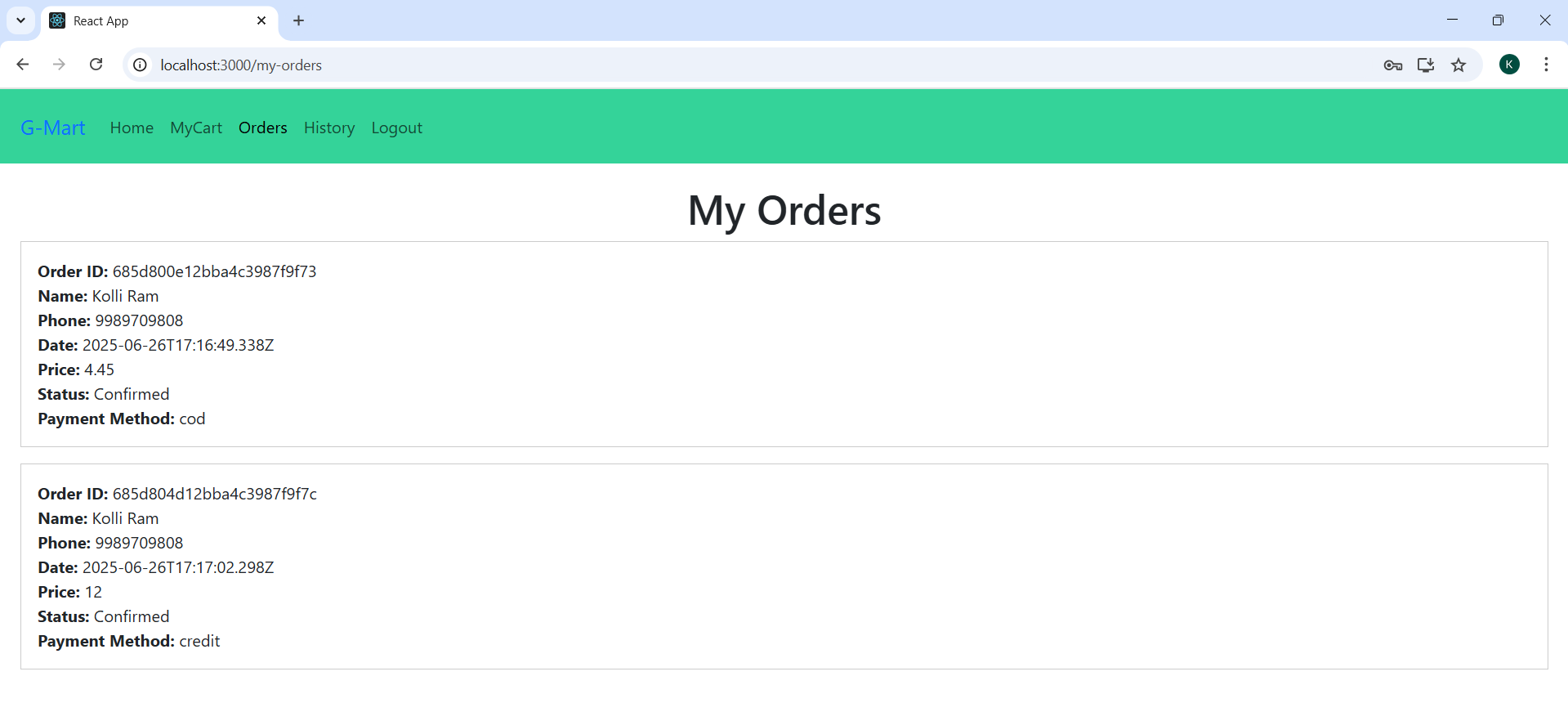 Orders Page