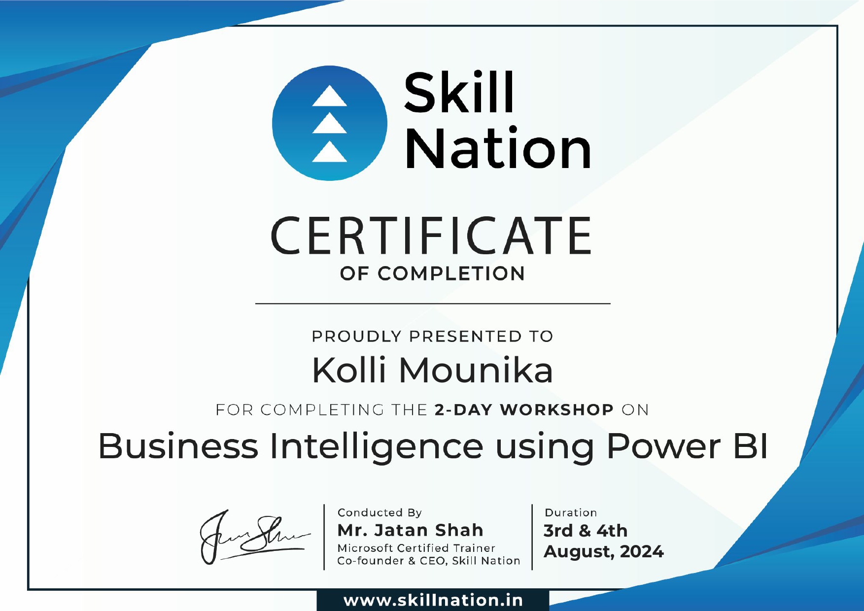 Power BI Workshop Certificate
